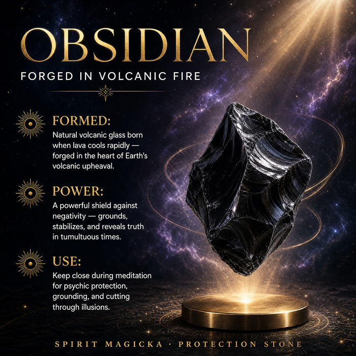 A glassy rough obsidian stone floating above a gold base