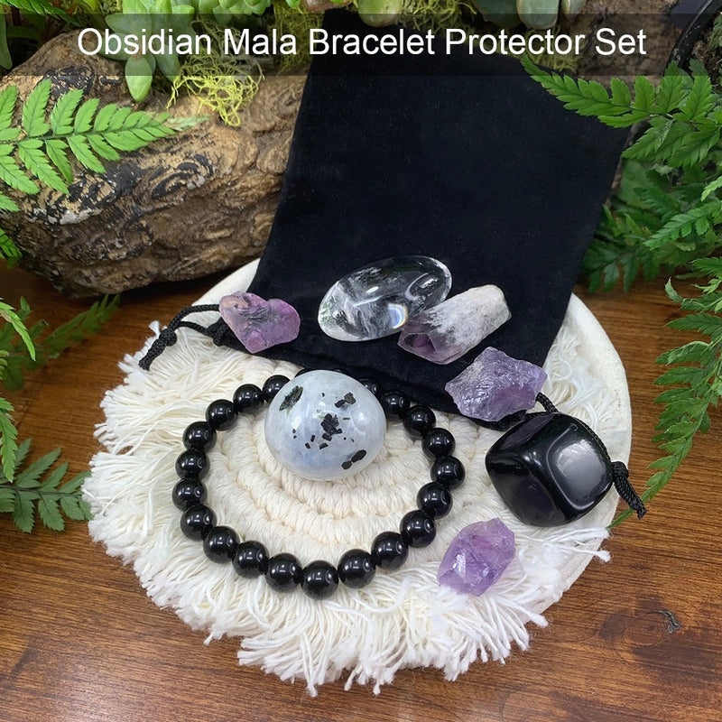 PRIZE WINNER! Obsidian Mala Bracelet Protector Pouch Set