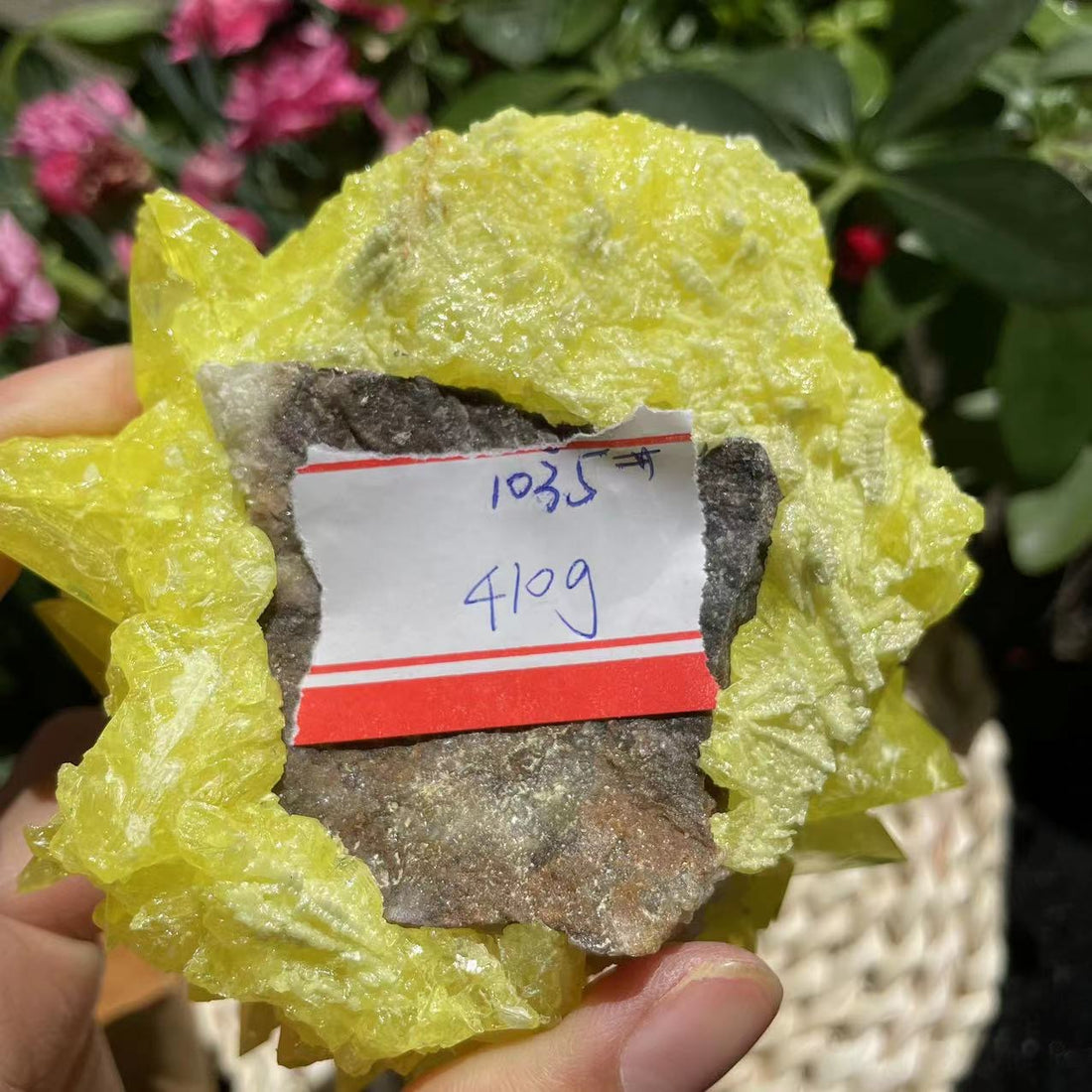 The underside of the sulfur crystal showing its gray matrix base and a handwritten tag reading 1035 and 410 g