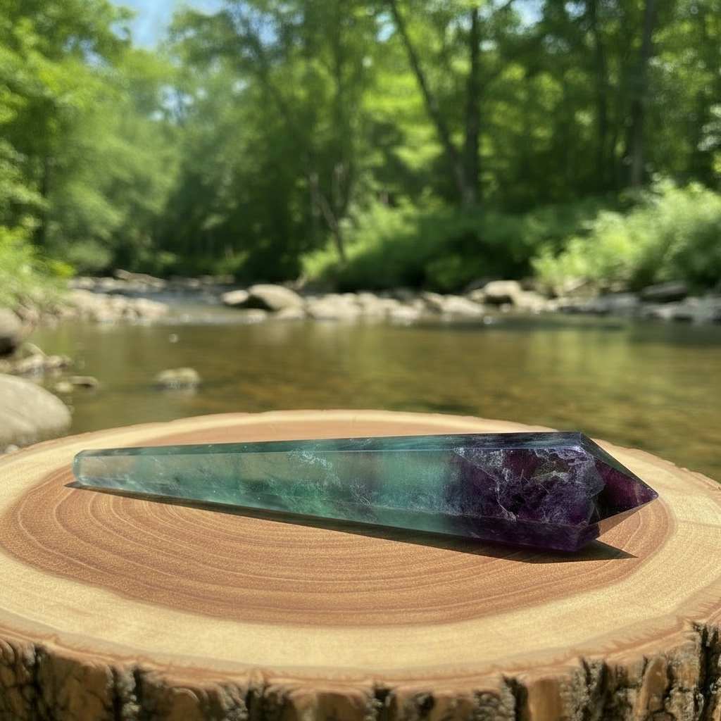 The fluorite generator lying on a wooden round beside a stream, showing its long faceted body tapering from the purple point to the green base