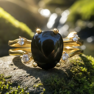 Black onyx and gold ring on a mossy stone: an oval onyx cabochon held by gold prongs, with zirconia accents on a flowing split gold band