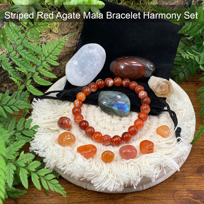 Röndótt Red Agate Mala Armband Harmony Pouch Set