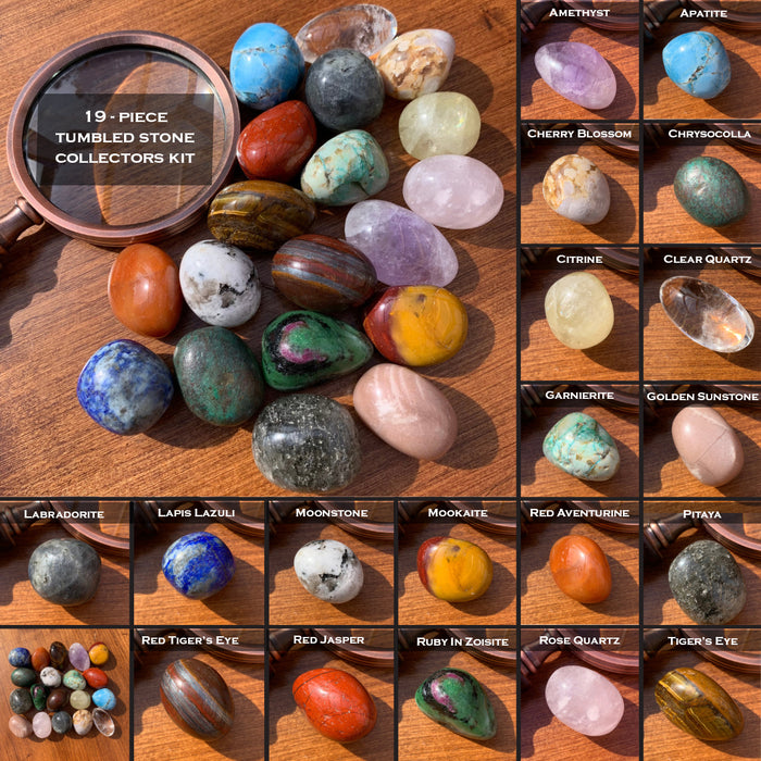 A labelled collage showing each of the nineteen tumbled stones by name