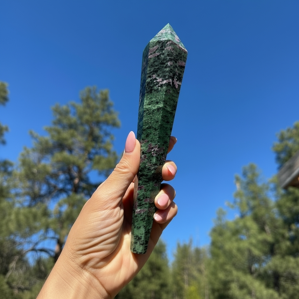 A hand holding the faceted ruby in zoisite generator up to a blue sky, deep green stone scattered with pink and red ruby patches