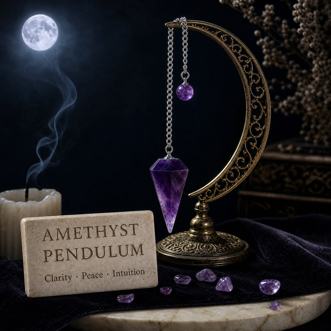 A faceted amethyst pendulum on a silver chain with an amethyst holding bead, hanging from a crescent display stand