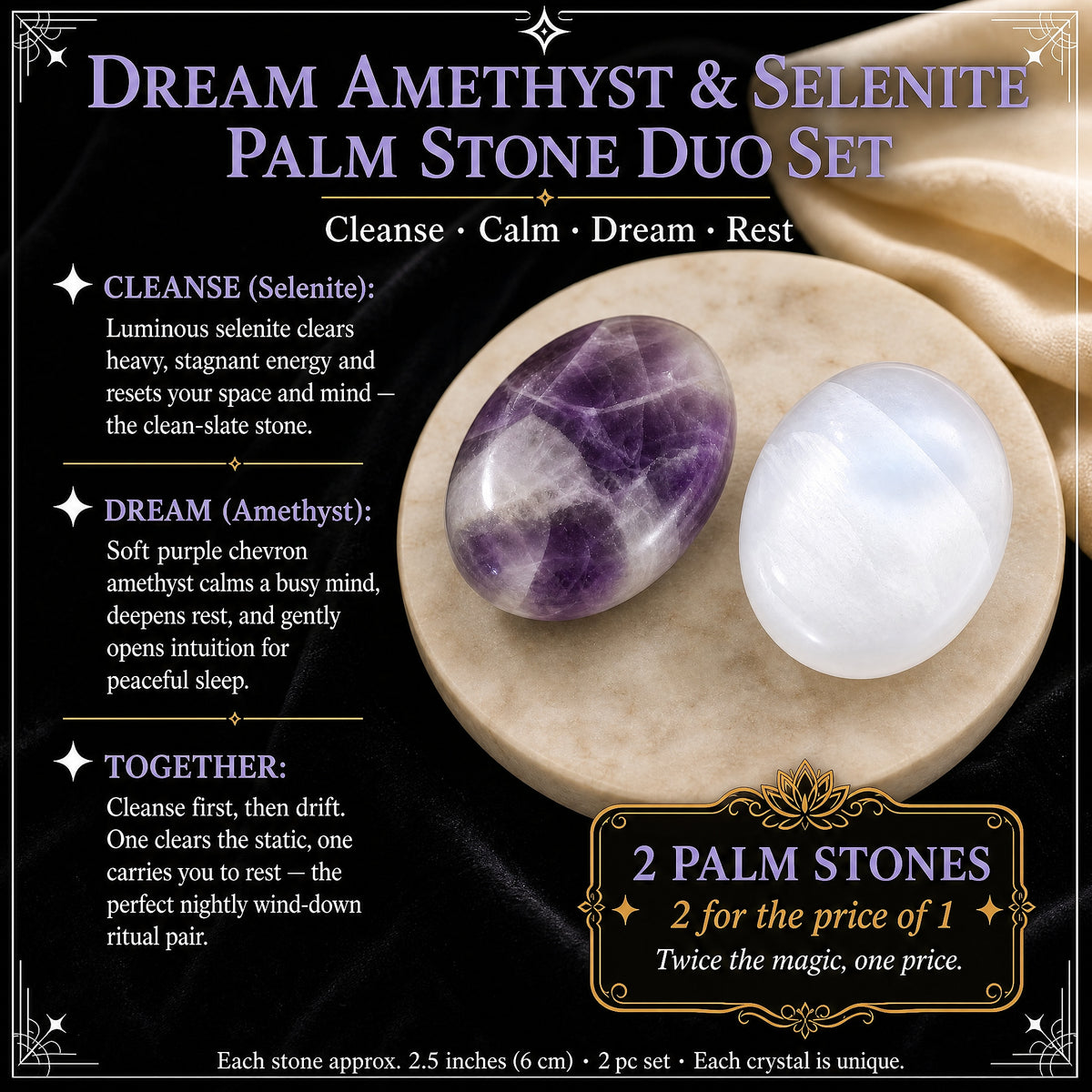 SUMMER SALE: SAVE 50% Dream Amethyst & Selenite Palmstone Duo