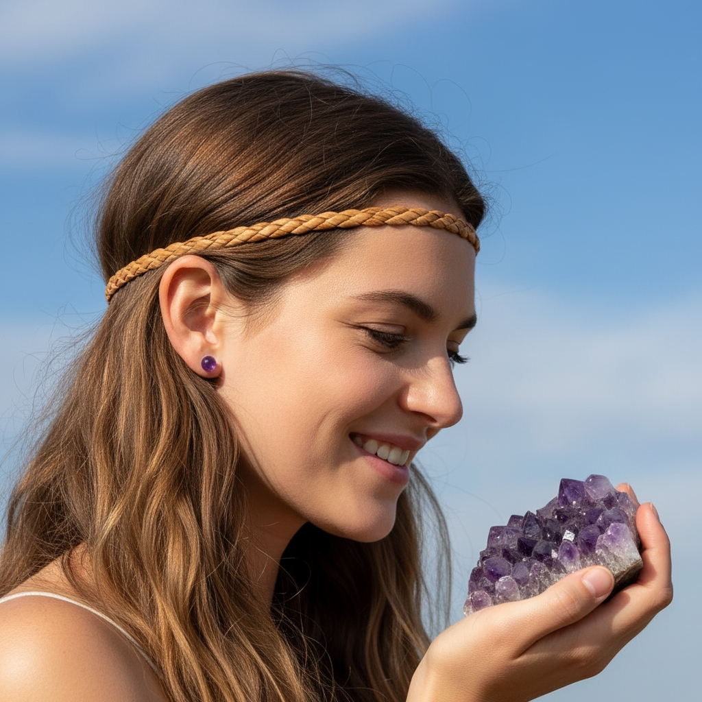 A smiling woman wearing a round amethyst stud earring, holding a raw amethyst cluster against a blue sky