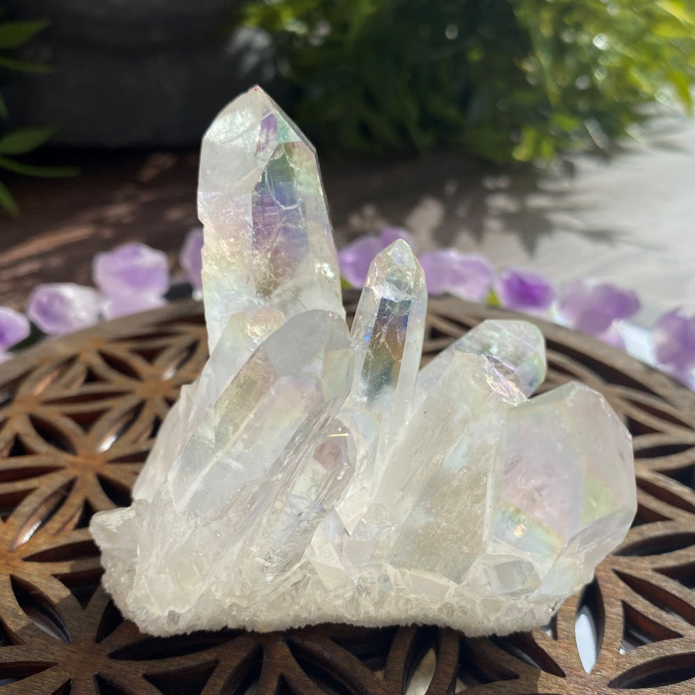 Angel Aura Quartz cluster showing its full silhouette and rainbow iridescent facets