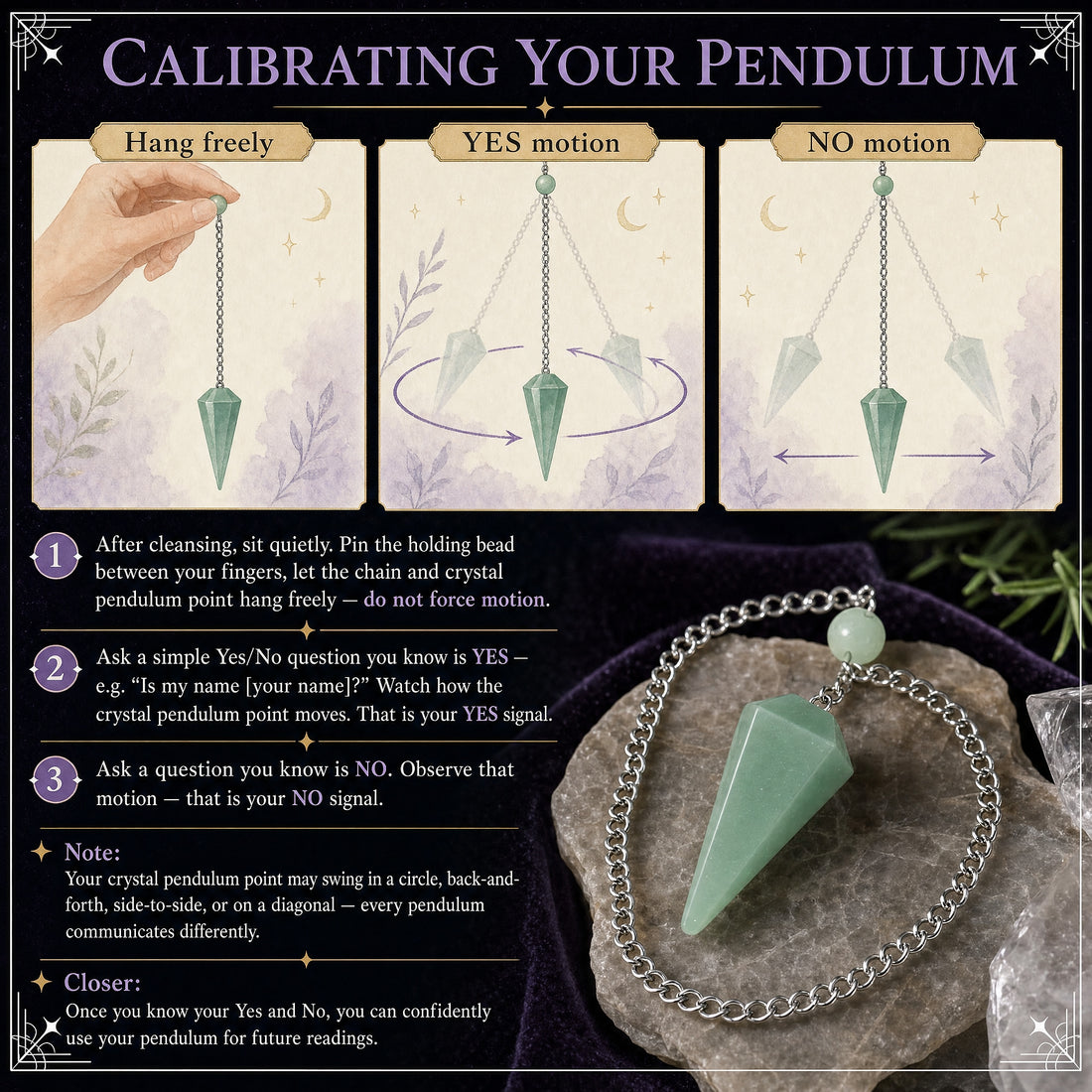 Calibration guide showing the aventurine pendulum hanging freely, a circular yes motion and a side-to-side no motion