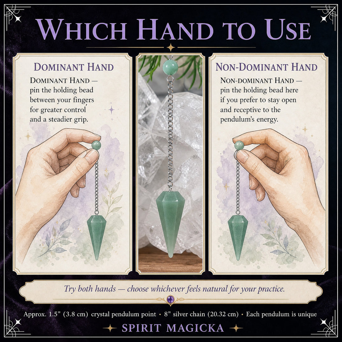 Illustrations of the aventurine pendulum held in the dominant and non-dominant hand, beside a photo of it hanging from its bead