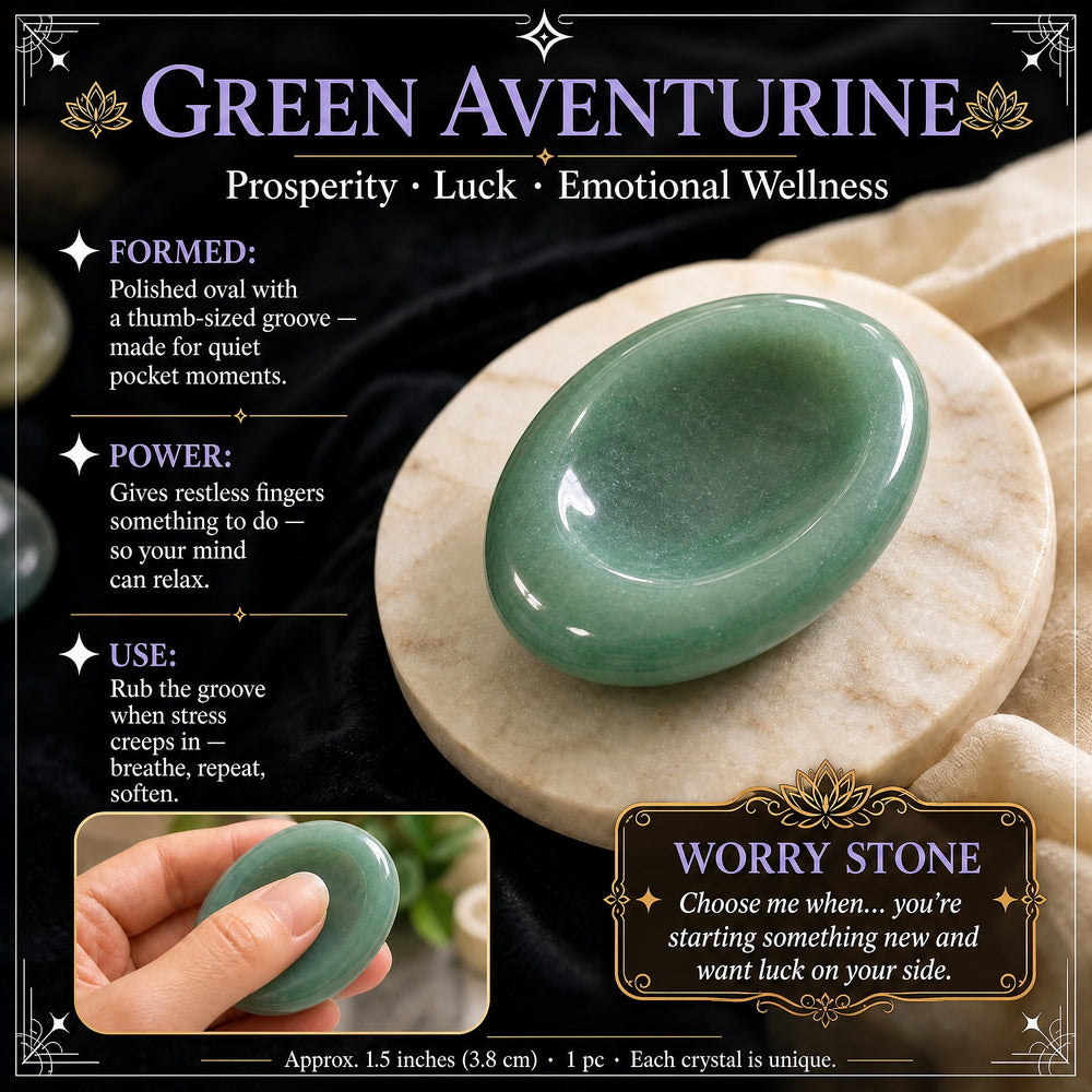 Green aventurine worry stone guide card with an inset of a thumb resting in the stone groove