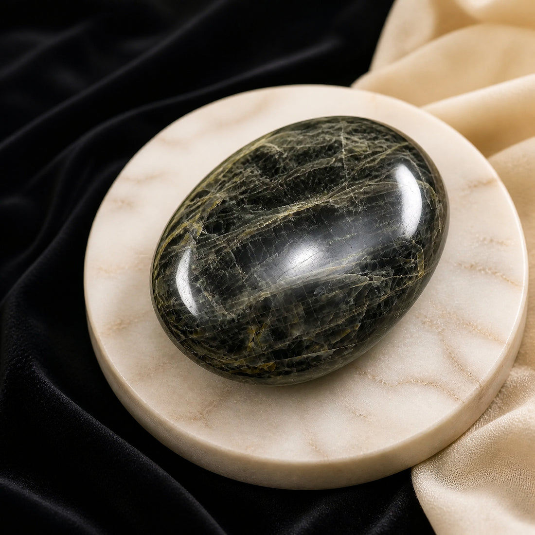 A glossy oval black moonstone palmstone with golden-olive veining, resting on a cream marble disc over black velvet
