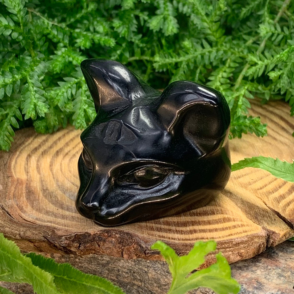 Side view of the polished black agate third eye cat, showing its pointed ears and carved eye on a wood slice