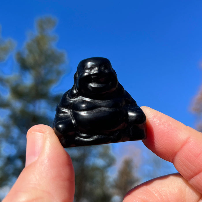A small glossy black agate laughing Buddha held between thumb and fingers against a blue sky