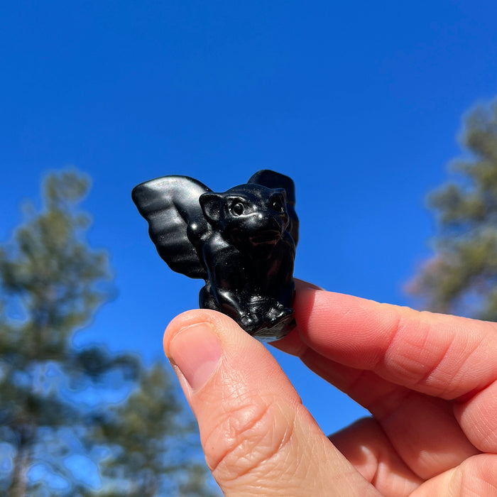 Winged black agate gargoyle held between fingers against a blue sky