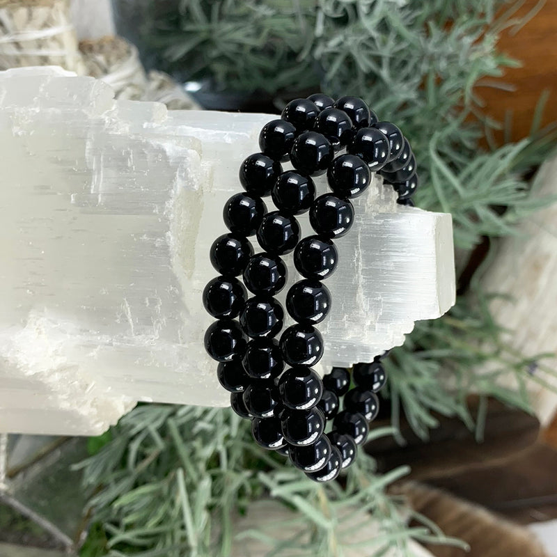 Bracelet Mala en obsidienne noire avec pochette en velours