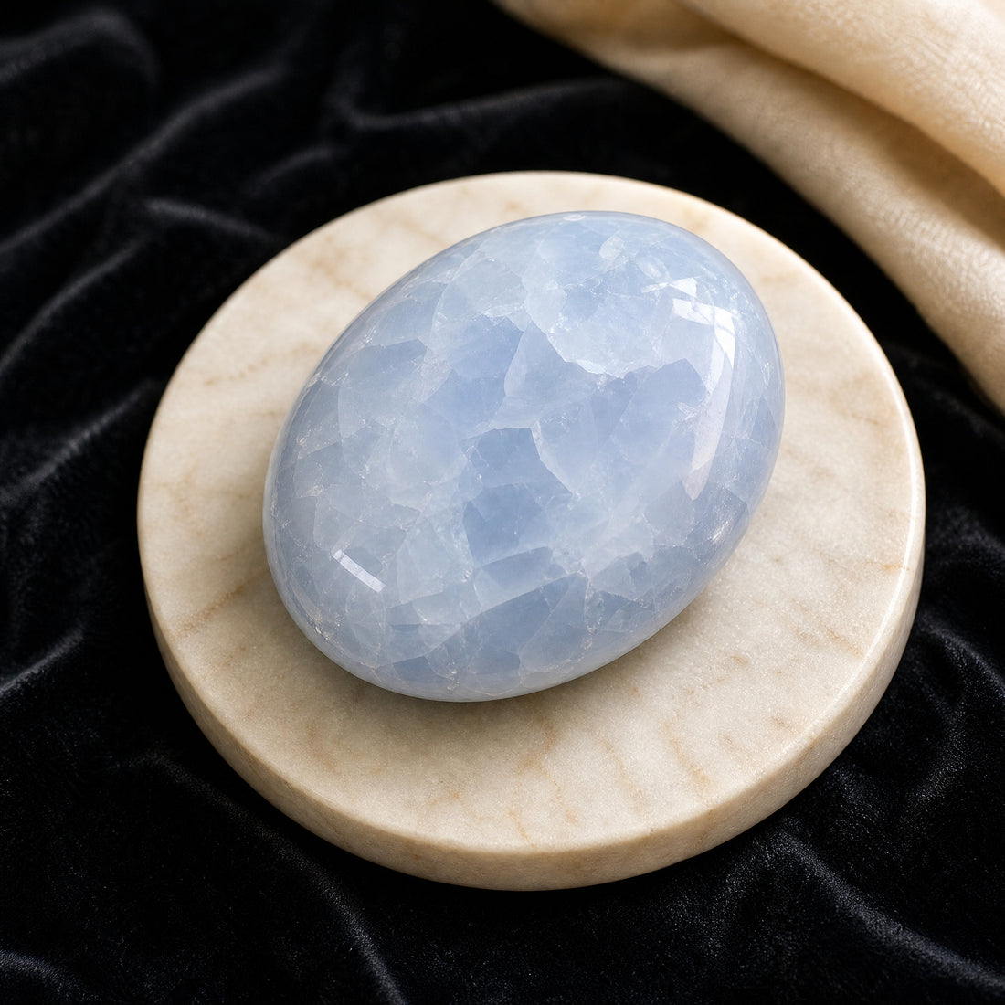 A polished oval blue calcite palmstone in pale sky blue with soft crystalline patterning, on a cream marble dish