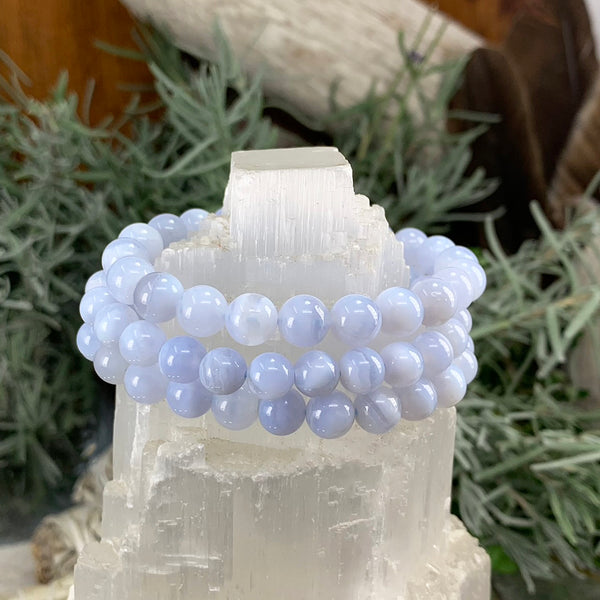 Mala Blue Lace Agate armband með flauelspoka