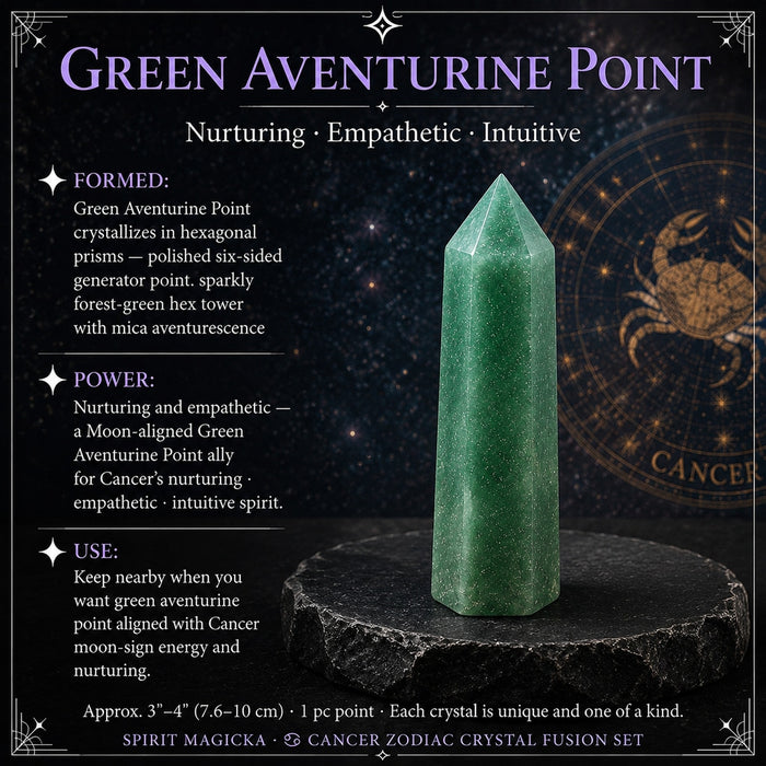 Six-sided green aventurine point with fine sparkling flecks, standing on a dark stone
