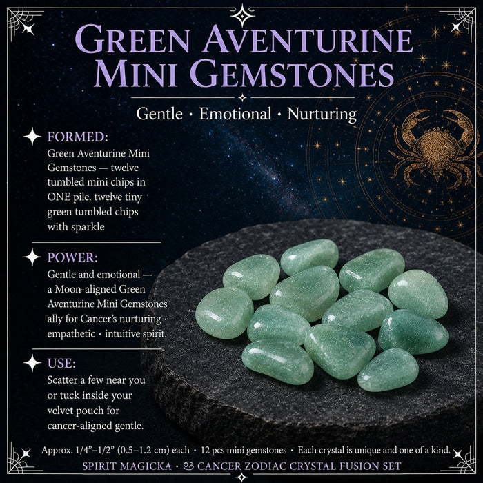 Twelve small tumbled green aventurine stones in a pile on a dark stone