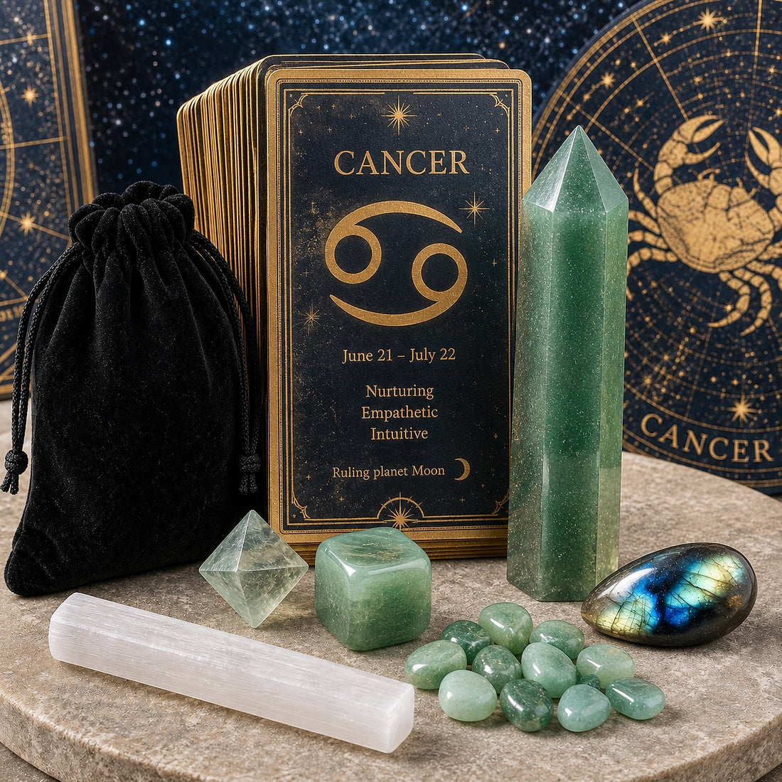 The Cancer crystal set before a starry backdrop: green aventurine point and cube, aventurine minis, labradorite cabochon, green fluorite octahedron, selenite stick and a black velvet pouch