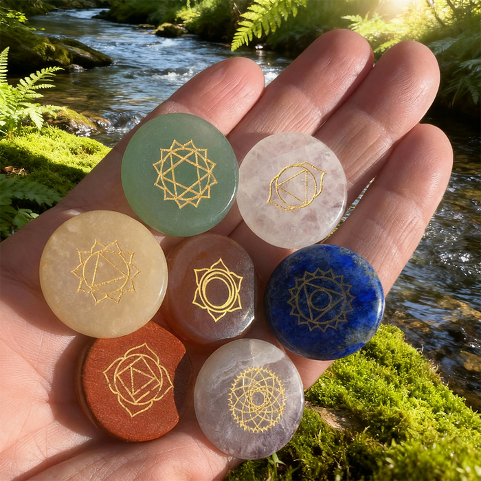 Seven round chakra stones engraved with gold symbols resting in an open hand beside a mossy stream