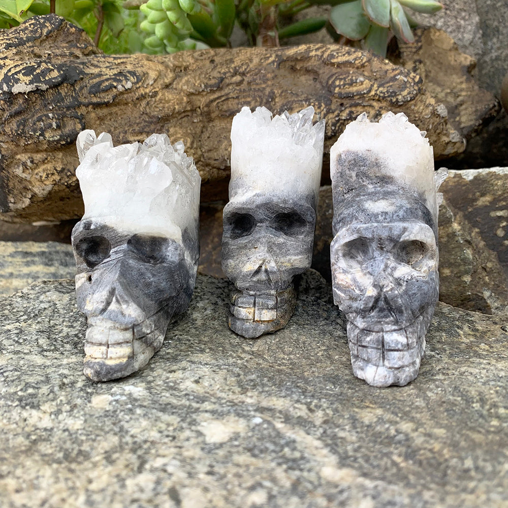 Three crystal shard skulls side by side, each with different grey markings and a differently shaped crystal crown
