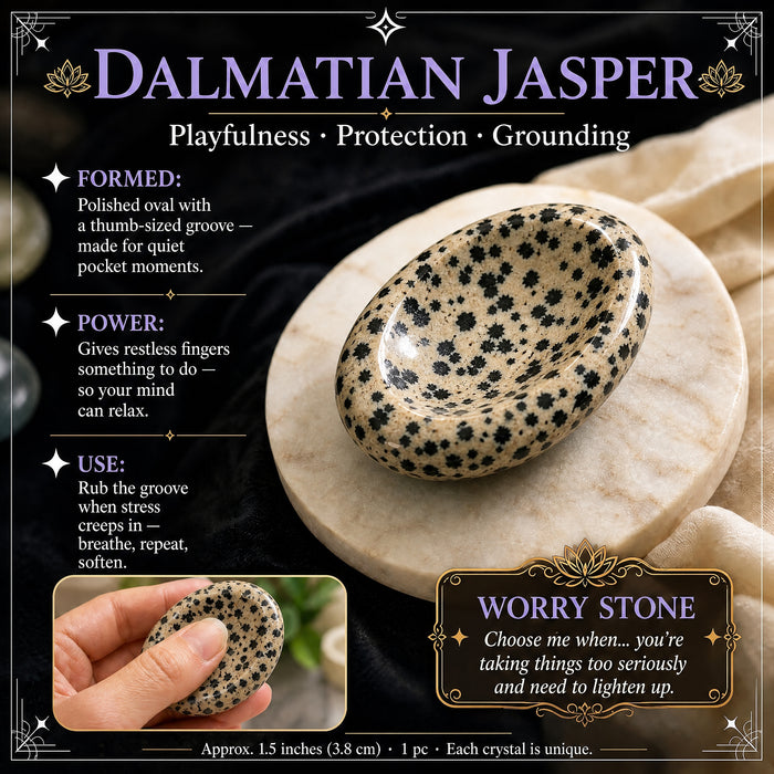 Dalmatian Jasper worry stone: cream with bold black spots, with a thumb groove