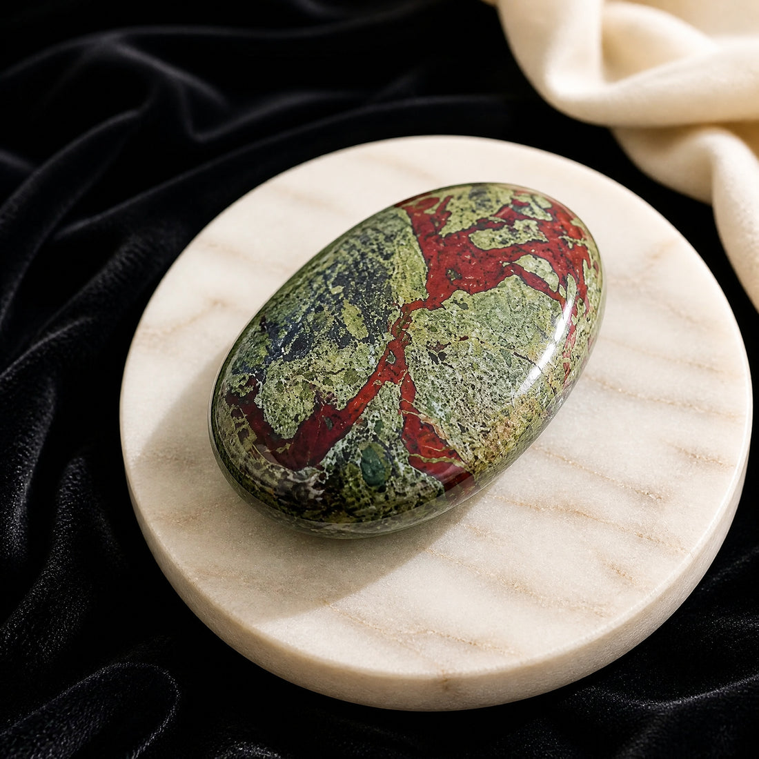 Polished dragon blood jasper palmstone, mossy green with branching red veins, on a pale stone dish