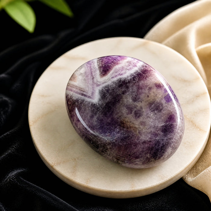 A polished oval dream amethyst palmstone with deep purple and white chevron bands, resting on a marble dish