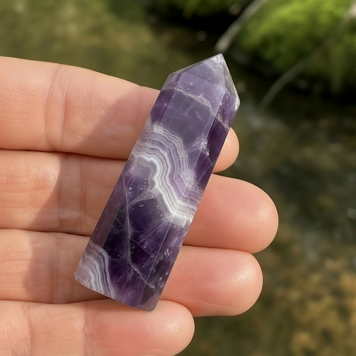 A dream amethyst mini point with white chevron banding resting across the fingers