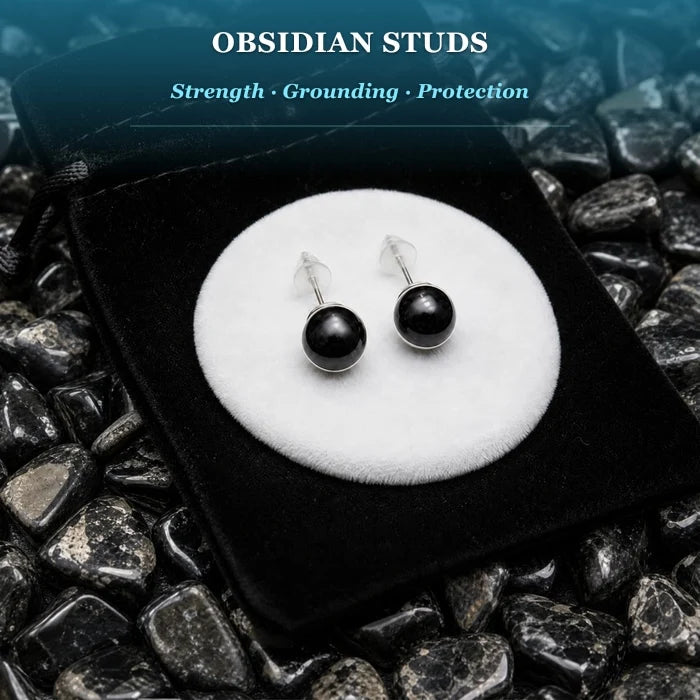 Pair of round black obsidian stud earrings