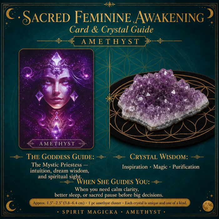 The Amethyst oracle card beside a small purple amethyst cluster