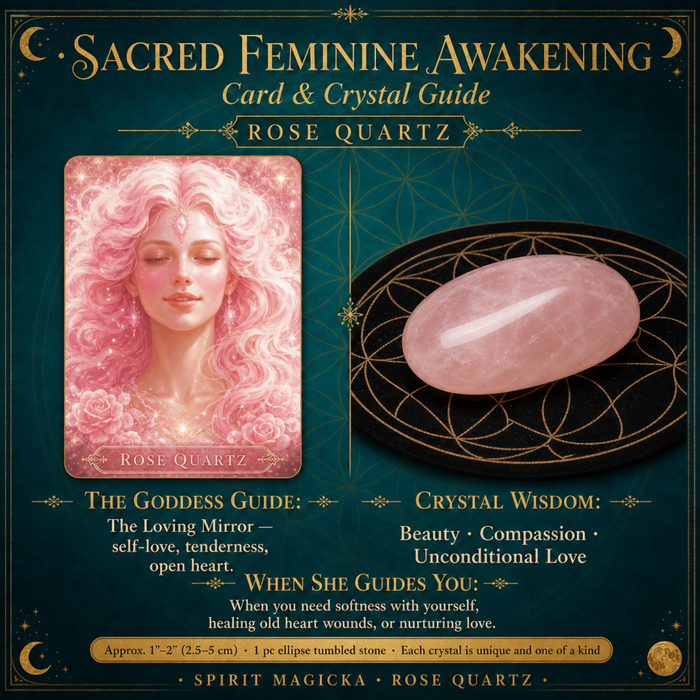 The Rose Quartz oracle card beside a pink rose quartz ellipse