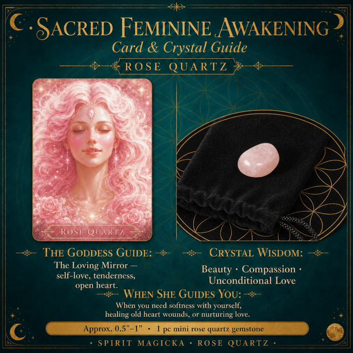 Rose Quartz goddess card beside a mini rose quartz gemstone