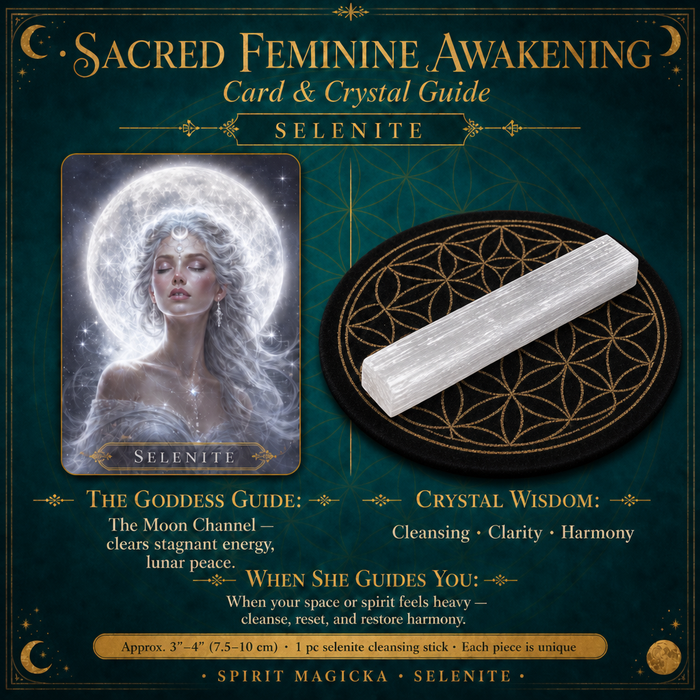 Selenite goddess card beside a selenite stick