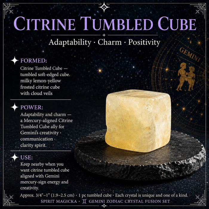 Frosted lemon-yellow citrine cube with softly tumbled edges