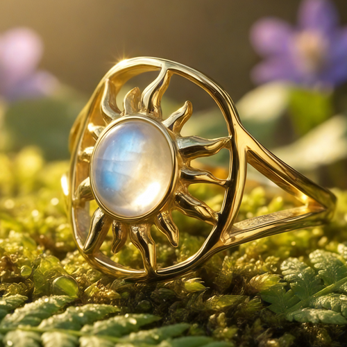 The moonstone and gold solar glow ring on moss: an oval moonstone ringed by golden sun rays inside an open circle on a split gold band