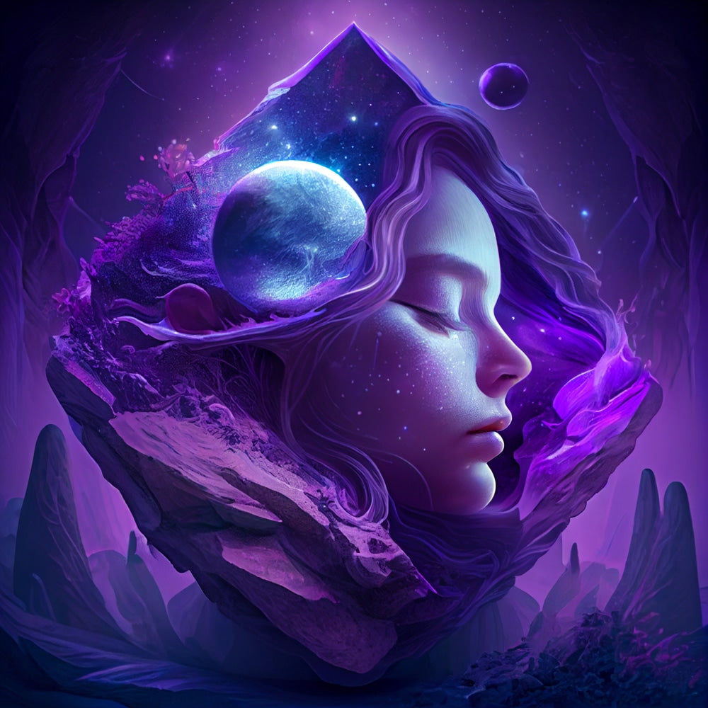 Dreamy violet artwork of a sleeping face wrapped in starlight, crystal and moonlit planets