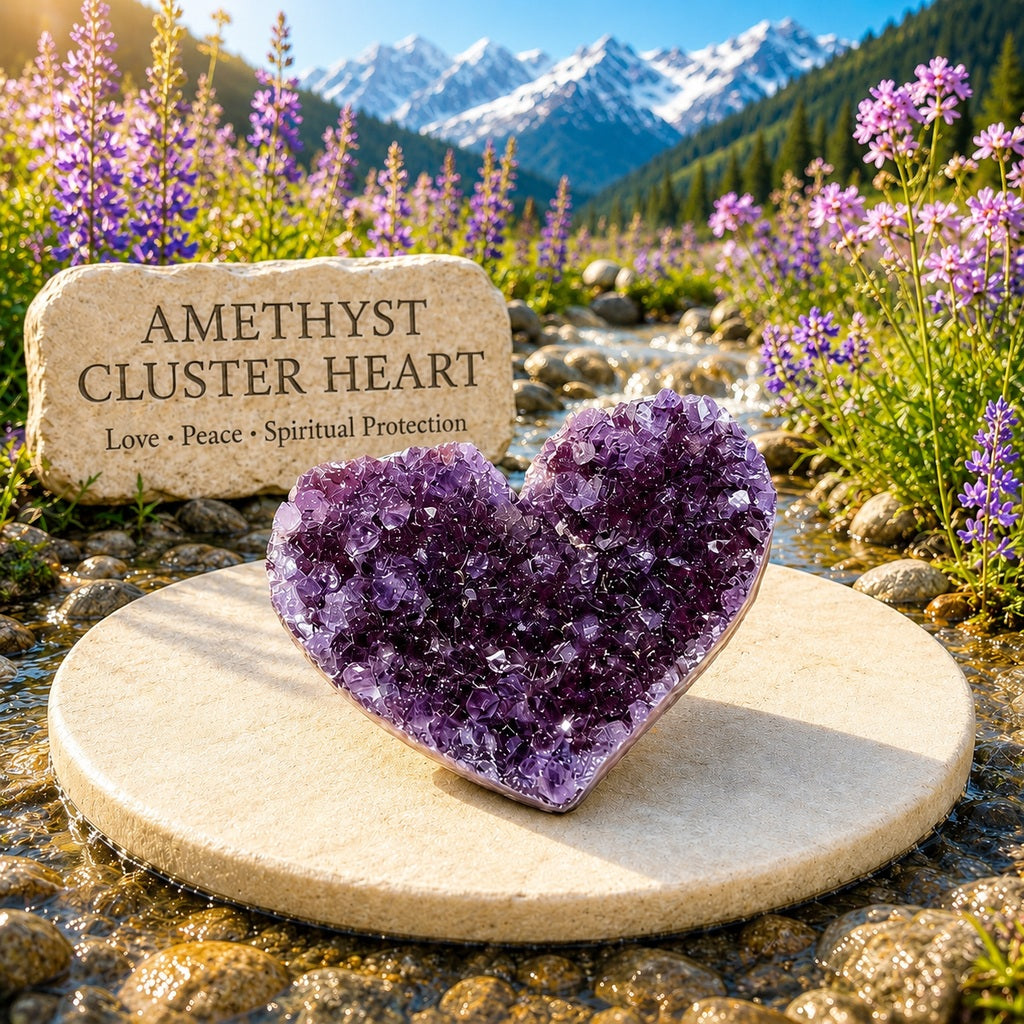 A heart-shaped amethyst cluster covered in sparkling purple crystal points, resting on a stone disc beside a mountain stream