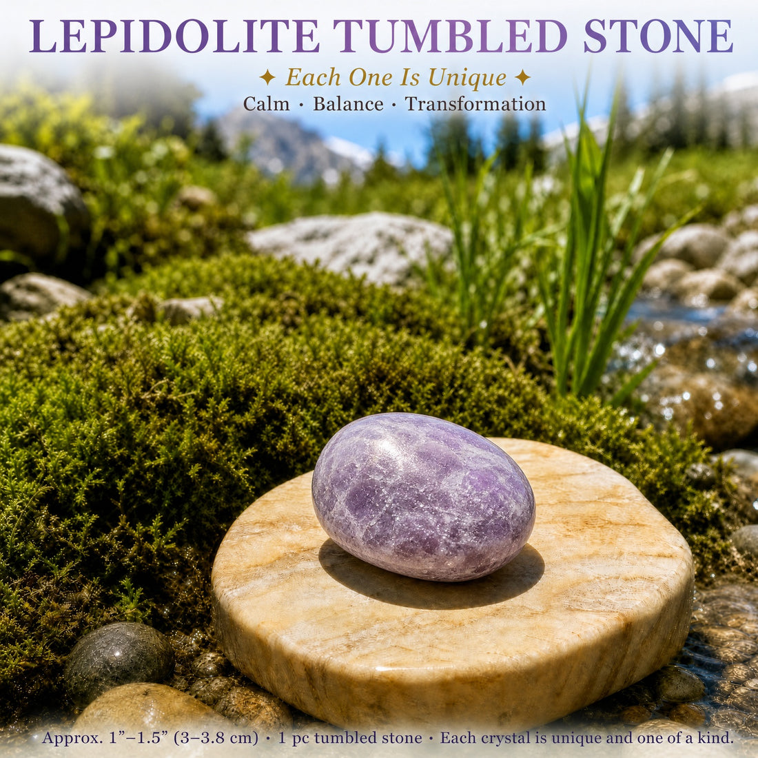 A polished lilac lepidolite tumbled stone with darker purple flecks on a stone dish by a sunlit stream