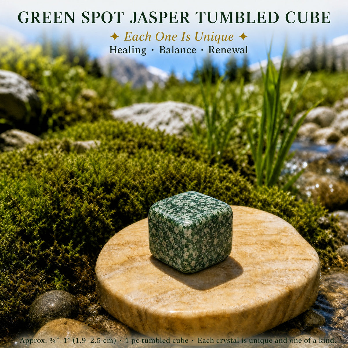 Cube roulé en jaspe à pois verts
