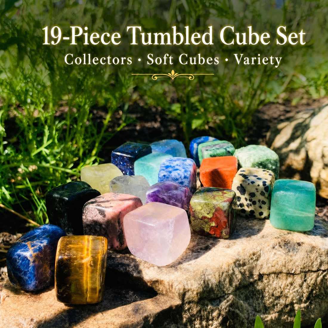 All nineteen tumbled cubes gathered on a sunlit rock beside green grasses
