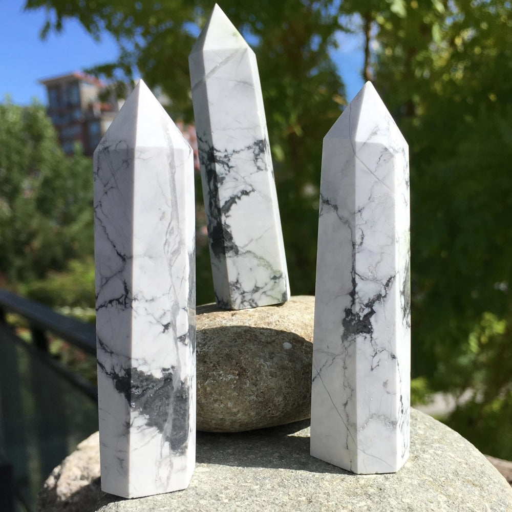 Three polished white howlite points with gray and black spiderweb veining standing on rocks outdoors