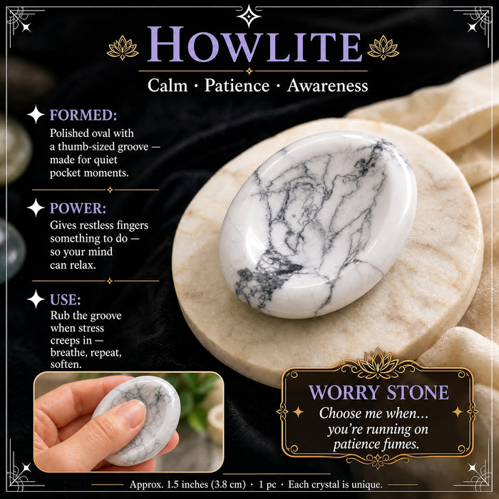 Howlite worry stone: white with soft gray veins, with a thumb groove