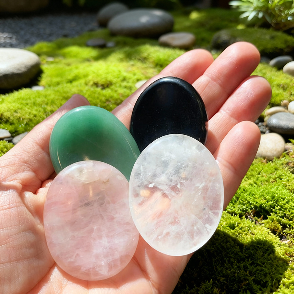 All four worry stones resting together in an open palm