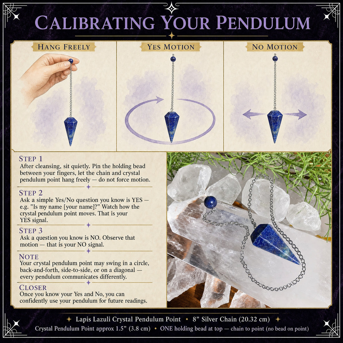 Illustrated guide showing the pendulum hanging freely, swinging in a circle for yes and side to side for no, beside the lapis pendulum resting on clear quartz