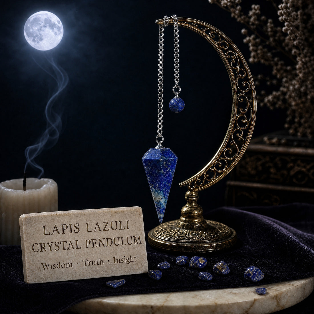 Faceted lapis lazuli pendulum with a matching holding bead hanging on a silver chain from a crescent moon stand by candlelight