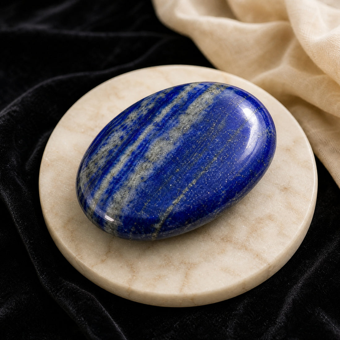 A polished oval lapis lazuli palmstone with white streaks and gold flecks on a pale stone dish