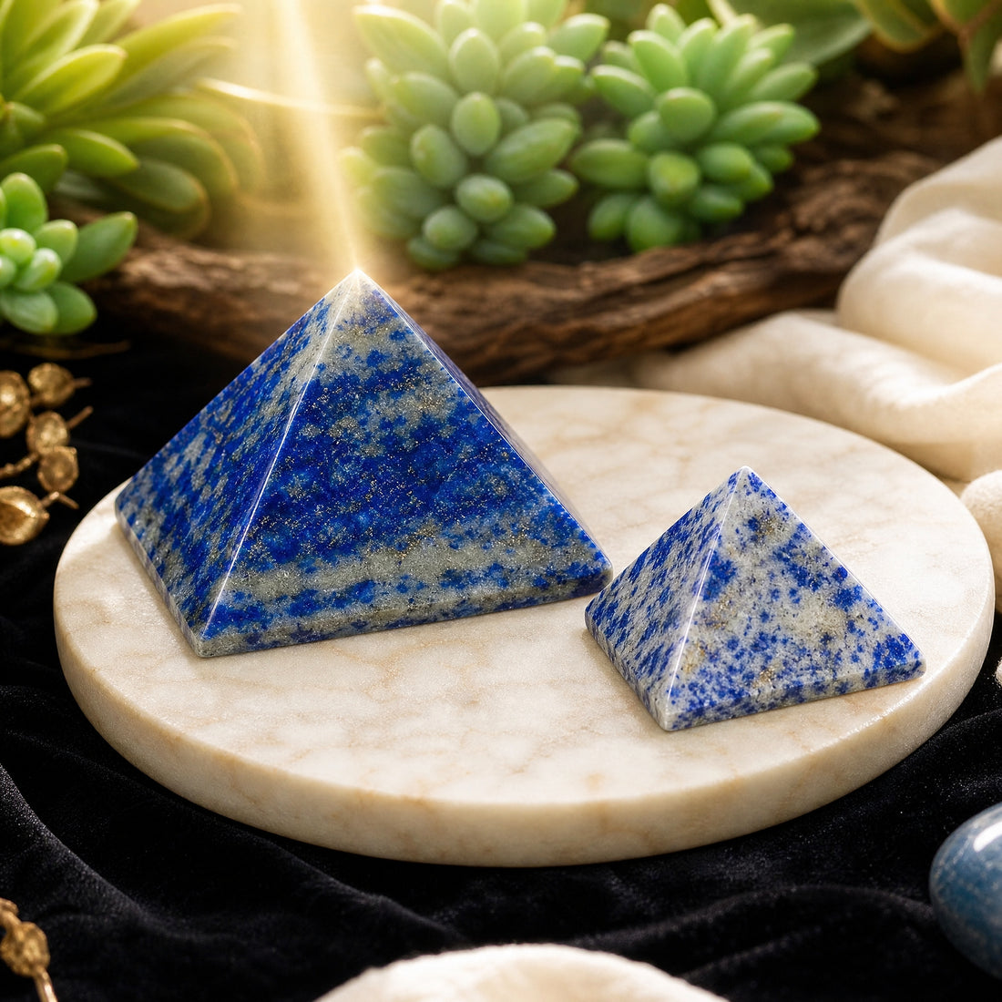 A medium and a small lapis lazuli pyramid side by side on a pale marble dish, deep blue with white streaks and gold flecks